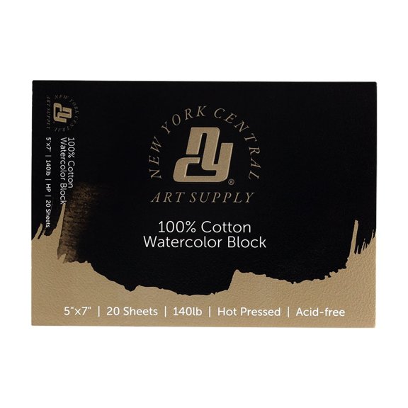 New York Central Watercolor Paper Block - 5x7" - 20 Sheets, 140 lb. Hot Press - 100% Cotton, Acid-Free, Archival Quality, Bright White Watercolor Paper Pad for Wet & Dry Media