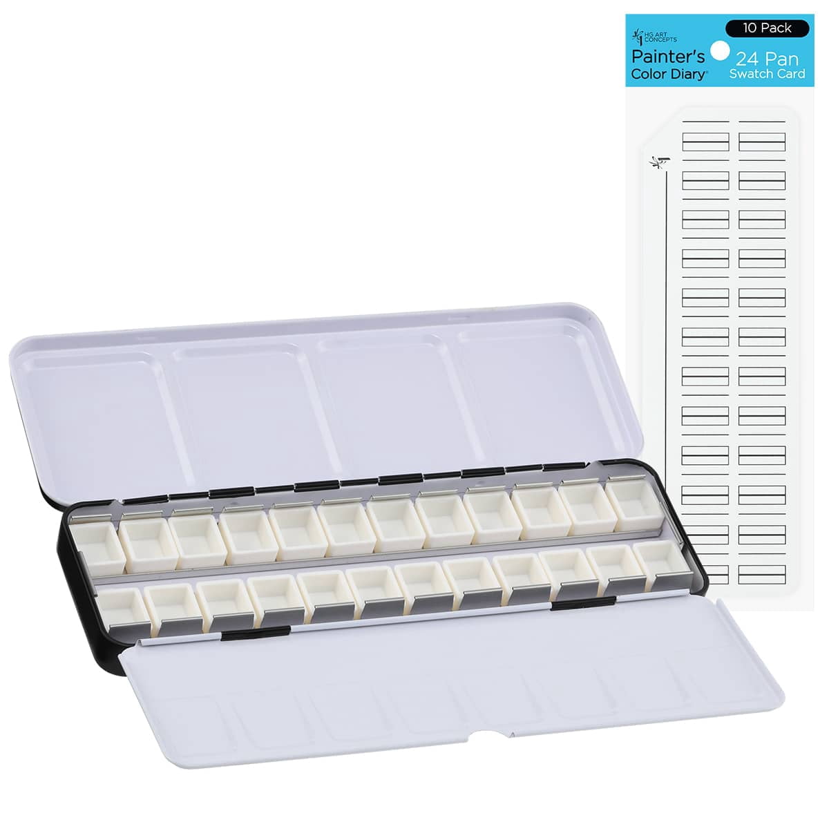 New York Central Watercolor Palette - 24 Empty Half Pans Boxes and Palette with 10 Watercolor Swatch Cards