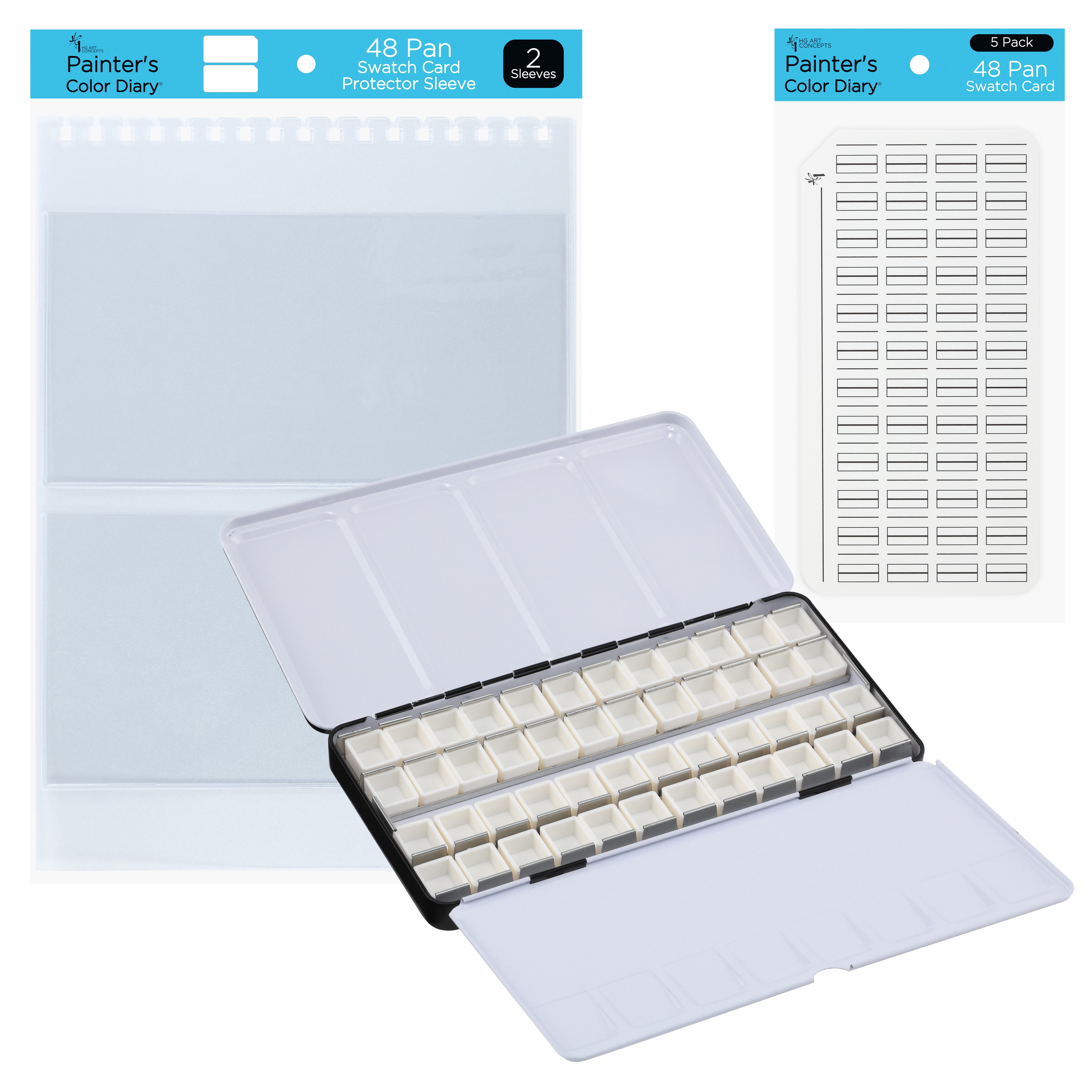 New York Central Watercolor Palette - 48 Empty Half Pan Boxes and Palette with 5 Watercolor Swatch Cards and 2 Swatch Card Sleeves