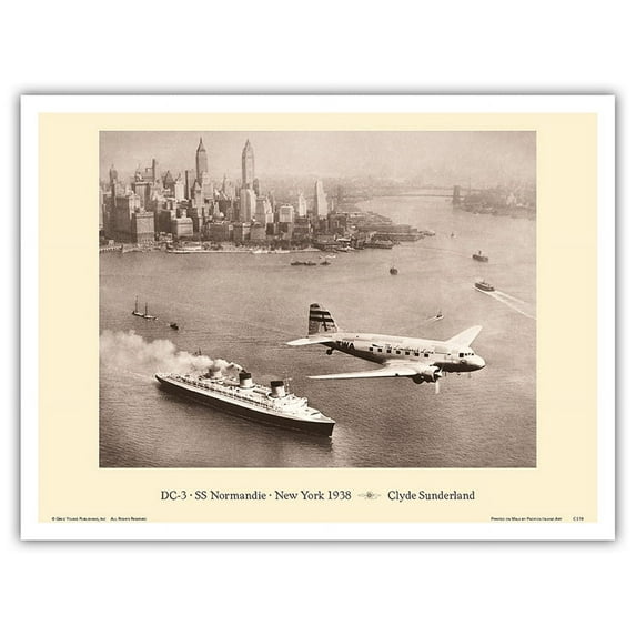 New York City 1938 - The Lindbergh Line (Douglas DC-3) - SS Normandie Ocean Liner - Vintage Aviation Poster by Clyde Sunderland - Master Art Print (Unframed) 9in x 12in