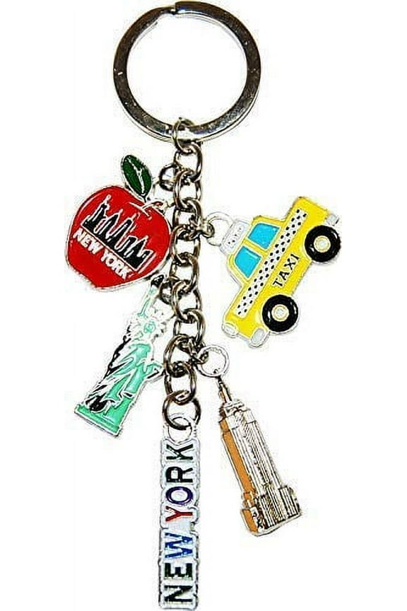 New York City 5 Charm Souvenir Keychain Featuring Statue of Liberty, NY Taxi, Empire State Building and the Big Apple