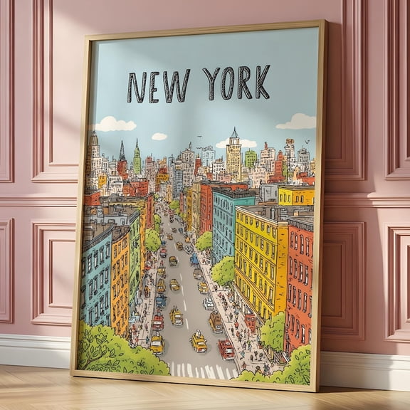 New York City Art Print Colorful NYC Poster Retro City Wall Art Yellow Taxi Illustration Dopamine Decor Vibrant New York Decor