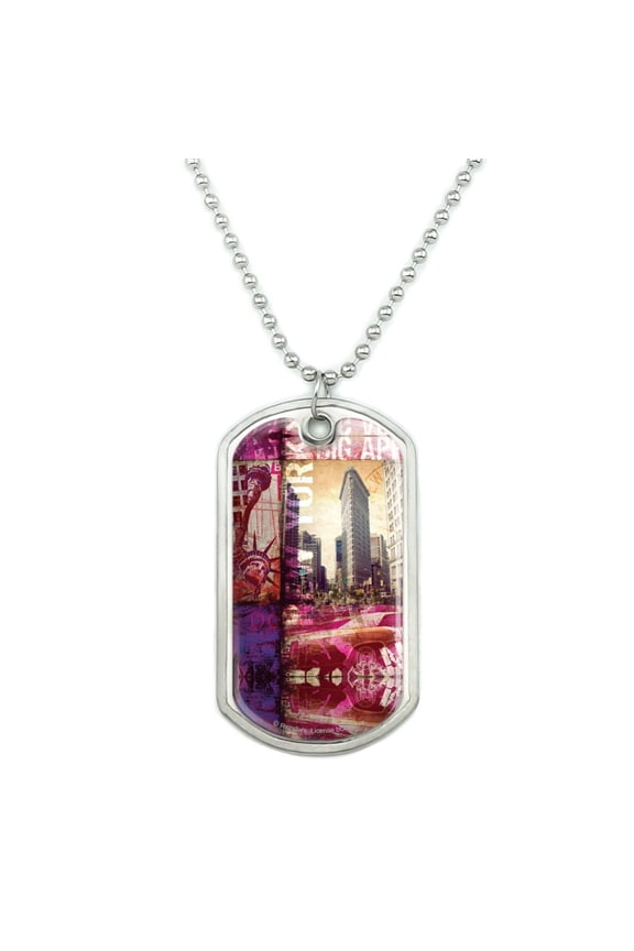 New York City Big Apple Art Collage Military Dog Tag Pendant Necklace with Chain