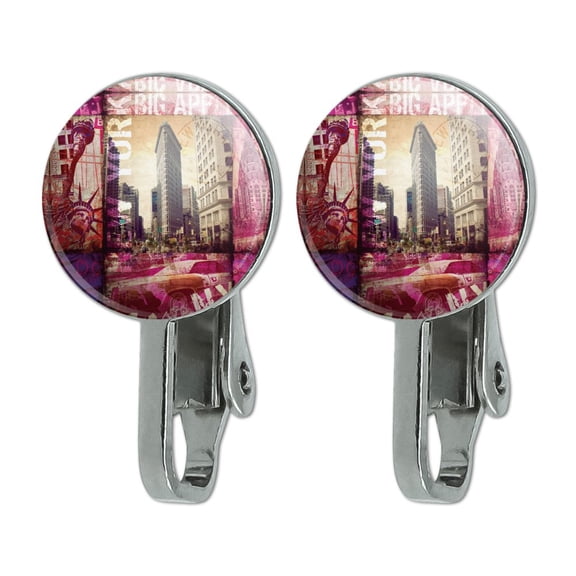 New York City Big Apple Art Collage Novelty Clip-On Stud Earrings