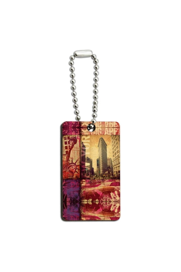 New York City Big Apple Art Collage Wood Wooden Rectangle Keychain Key Ring