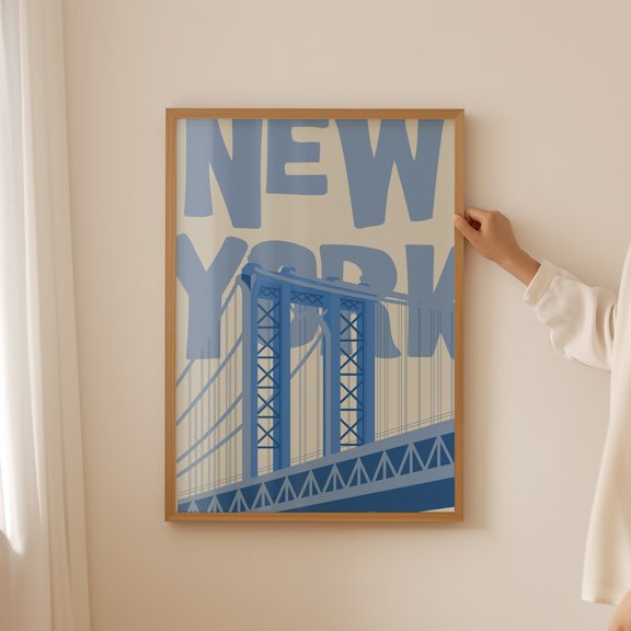 New York City Bridge Wall Art Blue Block Letters Home Room Interior Decorative
