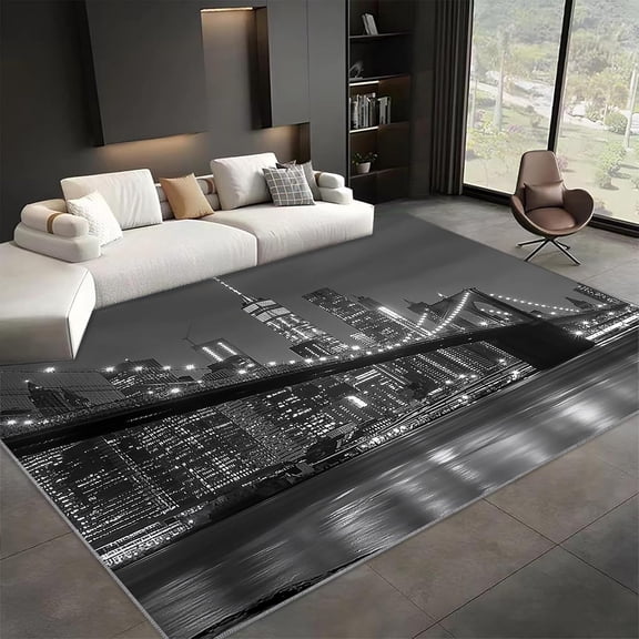 New York City Brooklyn Bridge Gray Area Rugs, Soft Low Pile Carpet, Washable Non Slip Rug for Living Room Bedroom Dining Room Home Decor Mat 5x8ft