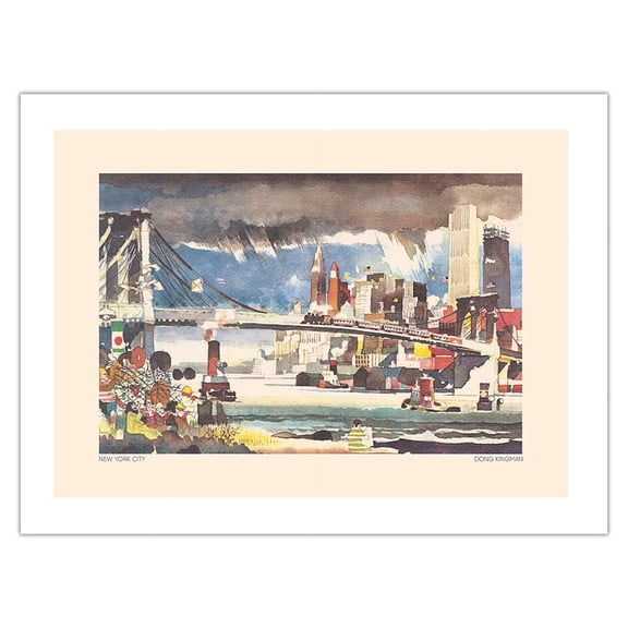 New York City - Brooklyn Bridge - Pan American World Airways - Vintage Airline Travel Poster by Dong Kingman c.1950 - Bamboo Fine Art 290gsm Paper Print (Unframed) 18x24in