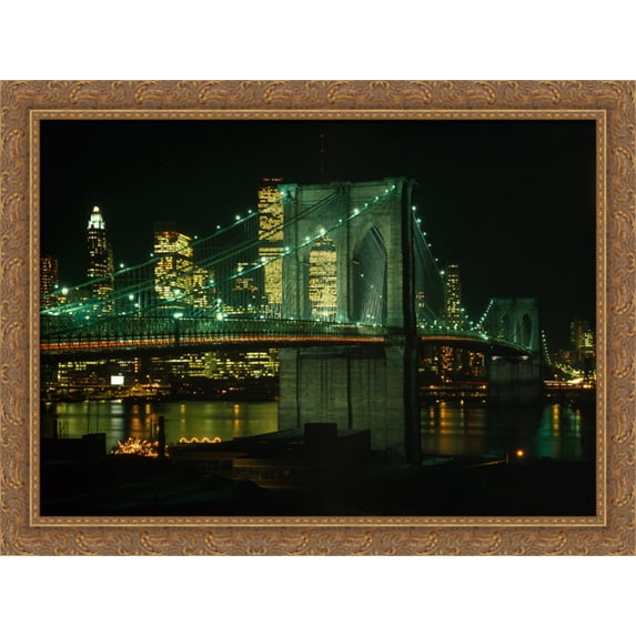 New York City Brooklyn Bridge at Night 38x28 Large Gold Ornate Wood Framed Canvas Art