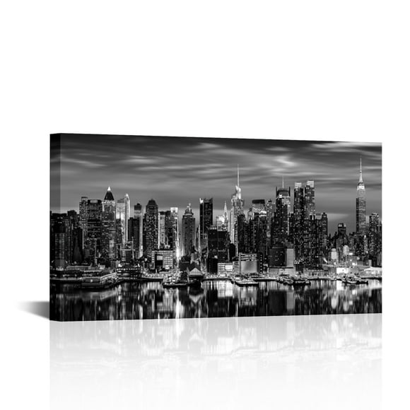 New York City Canvas Wall Art Modern Black and White Cityscape Poster Picture Prints Manhattan Skyline Night View Painting Artwork for Home Office Living Room Decoration