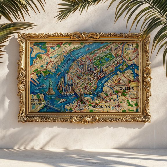New York City City Map Horizontal Manhattan Brooklyn Queens Bronx Staten Island Print