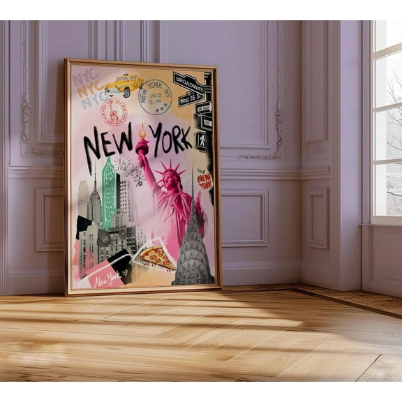 New York City Collage Print, Nyc Retro Poster, Colorful Preppy Wall Art, Trendy Apartment Decor, Pink Modern Street Art Vintage Pop Up Art Wall Art, Modern Wall Decor, 8x12 UNFRAMED