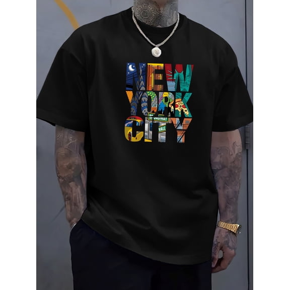 " New York City " Creative Print Stylish T-shirt For Men, Casual Summer Top, Comfortable And Fashion Crew Neck Short Sleeve, Suitable For Daily Wear