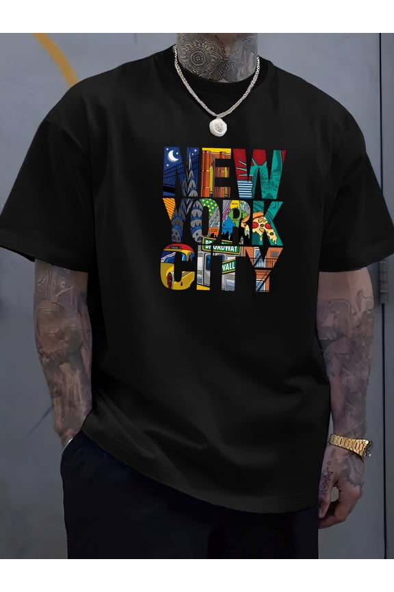" New York City " Creative Print Stylish T-shirt For Men, Casual Summer Top, Comfortable And Fashion Crew Neck Short Sleeve, Suitable For Daily Wear