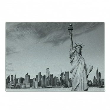 New York City Cutting Board, Liberty New York City Famous American Monument Landscape Illustration, Decorative Tempered Glass Cutting and Serving Board, Small Size, Grey, by Ambesonne