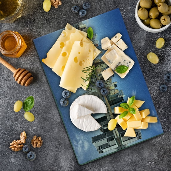 New York City Cutting Board, Manhattan Island Silhouette with Skyscrapers Towers Famous Island, Decorative Tempered Glass Cutting and Serving Board, Small Size, Multicolor, by Ambesonne