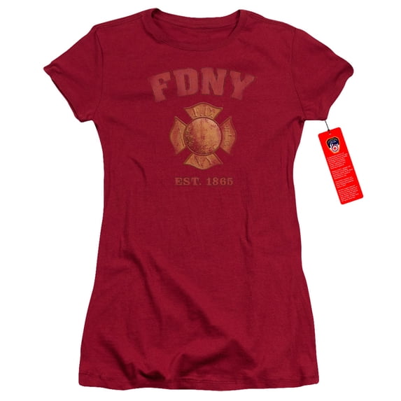 New York City Fdny Vintage Badge Junior Women's T-Shirt Sheer Cardinal