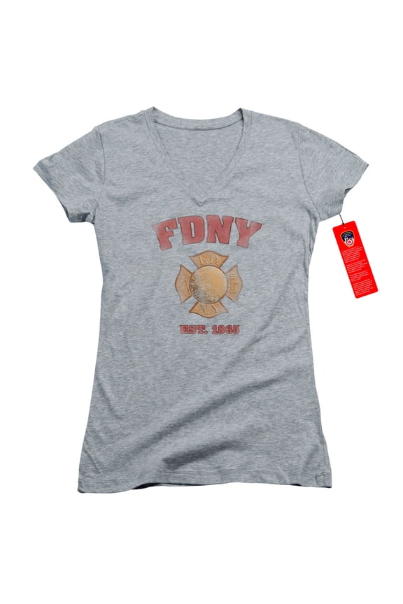 New York City Fdny Vintage Badge Junior Women's V-Neck T-Shirt Athletic Heather