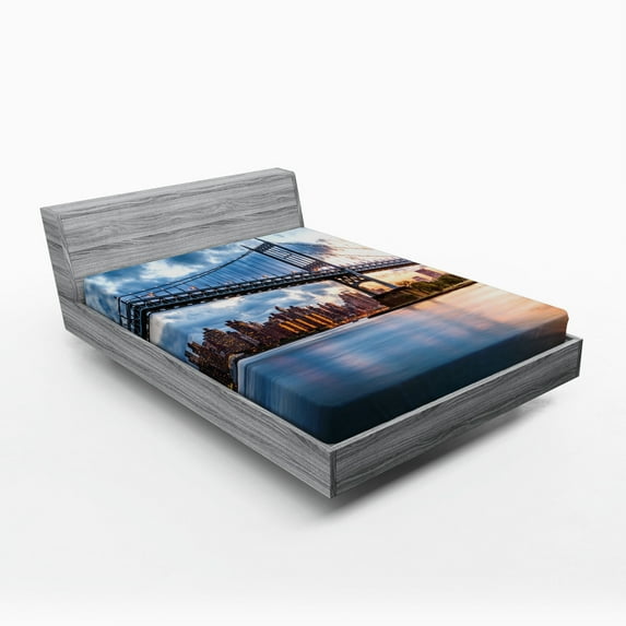 Ambesonne New York Fitted Sheet, Kennedy Triboro, Queen Size, Orange Peach Blue