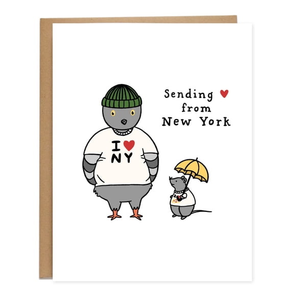 New York City Greeting Card Sending Love from New York Cute Pigeon & Rat Design Blank Inside, Envelope Included Perfect for Friends & Family