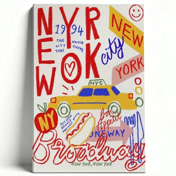 New York City Hand-Drawn Style Framed Canvas Wall Art - Retro 1994 NYC Themed Print, Vibrant Yellow Taxi & Broadway Artwork, Trendy Urban Decor For Living Room, Bedroom, Apartment 8*12inch(20*30cm)