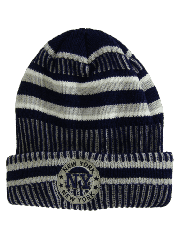 New York City Knitted Plush Lined Varsity Cuffed Hat with Seal (Navy/Gray)