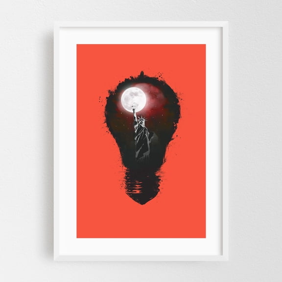 New York City Lights - Illustration Patriotic Modern Art Surrealism Moon Minimalist Silhouette White Framed Wall Art Print 24 x 36 inches