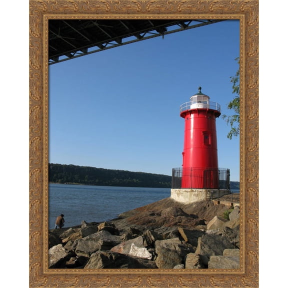 New York City Little Red Lighthouse 28x36 Large Gold Ornate Wood Framed Canvas Art