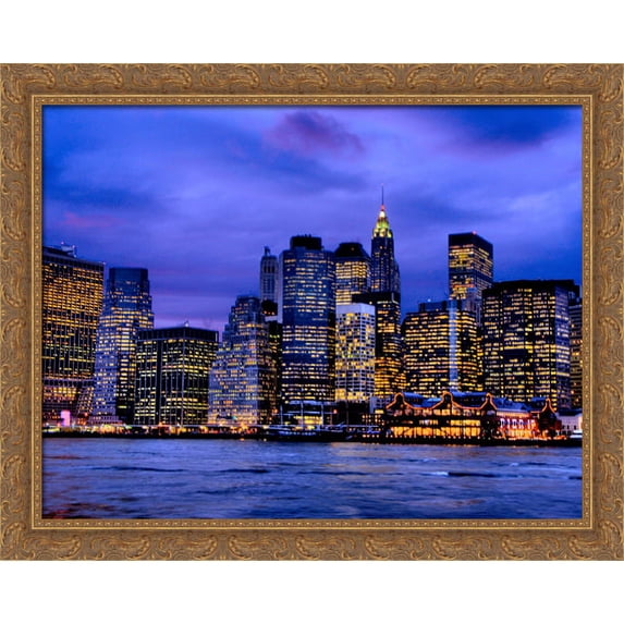 New York City Lower Manhattan at Night 36x28 Large Gold Ornate Wood Framed Canvas Art