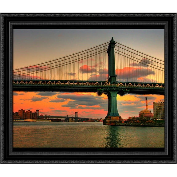 New York City Manhattan Bridge 34x28 Large Black Ornate Wood Framed Canvas Art