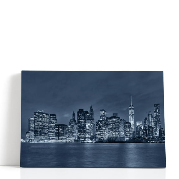 New York City Manhattan Downtown Skyline At Night - Wrapped Canvas Print Wall Art | 18" W x 12" H