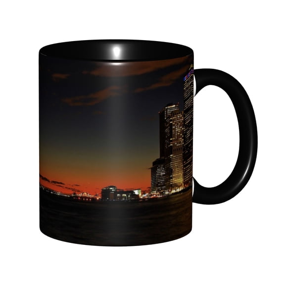 New York City Manhattan Night Skyline Lit Skyscrapers Waterfront Statue of Liberty Sunset Glow Ceramic Mug 11oz, Iconic NYC Urban Evening Cityscape Cup, Microwave Safe Gift for Travel & Big Apple Lov