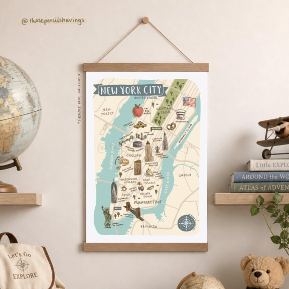 New York City Map Art Print: Illustrated NYC Landmarks , Poster Print Only