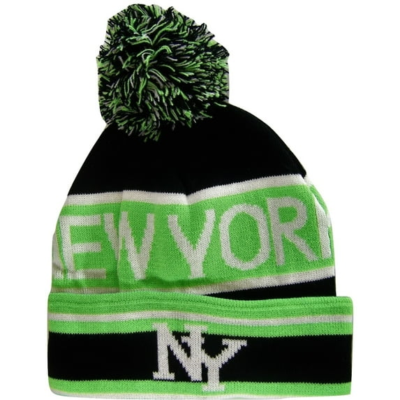 New York City NY Men's 2-Tone Winter Knit Pom Beanie Hats (Green/Black)