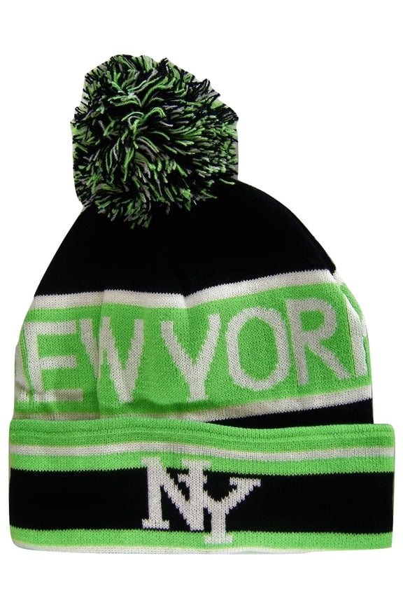 New York City NY Men's 2-Tone Winter Knit Pom Beanie Hats (Green/Black)