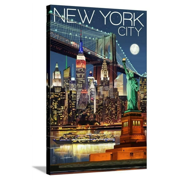 New York City, NY Skyline at Night, Stretched Canvas Wall Art by Lantern Press Sold by ArtCom