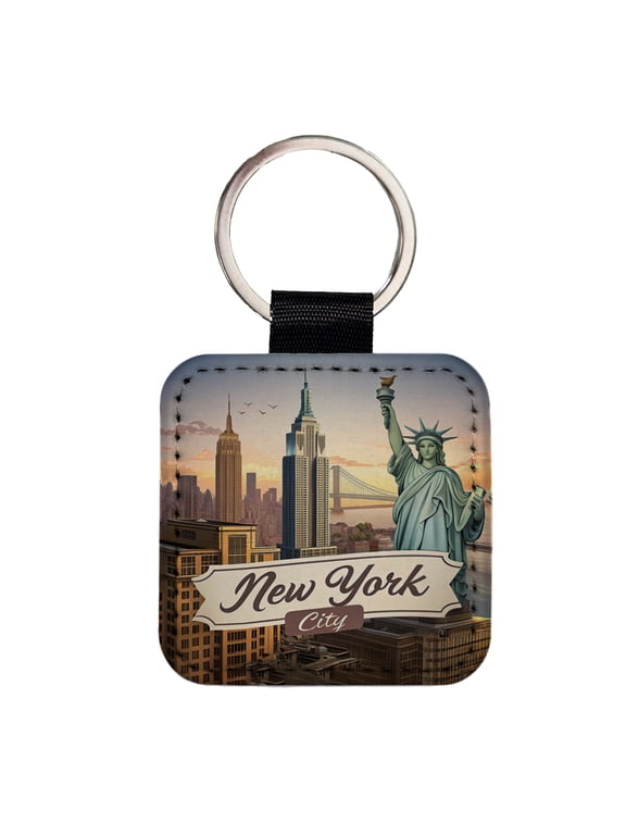 New York City NY Travel City State Stamp Faux Leather Square Keychain