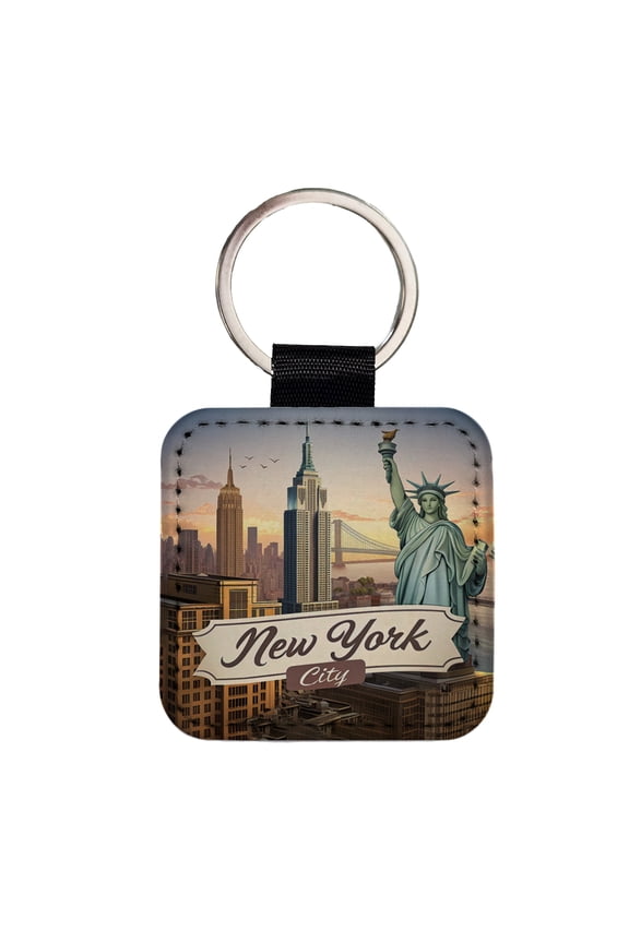 New York City NY Travel City State Stamp Faux Leather Square Keychain