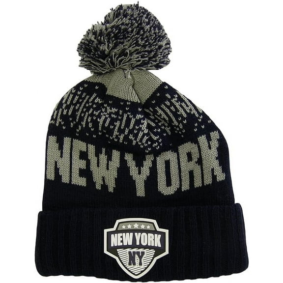 New York City Name Rubber Patch Ribbed Winter Knit Pom Beanie (Light Grey/Navy)