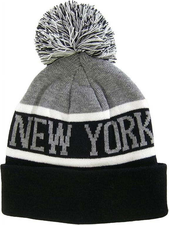 New York City Name Wide Stripe Winter Knit Pom Beanie Hat (Gray/Black)