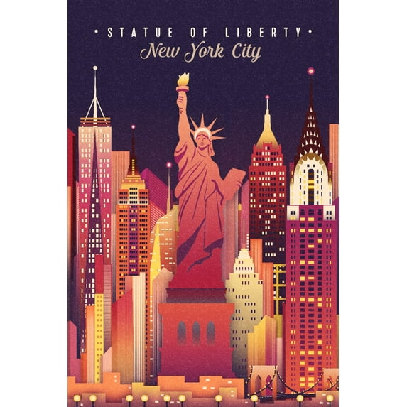 New York City, New York, Statue of Liberty, Neon Skyline (9x12 Wall Art Print, Home Decor)