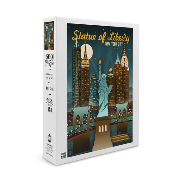 New York City, New York, Statue of Liberty, Retro Skyline (19x27 inches, Premium 500 Piece Jigsaw Puzzle for Adults and Family, Made in USA)