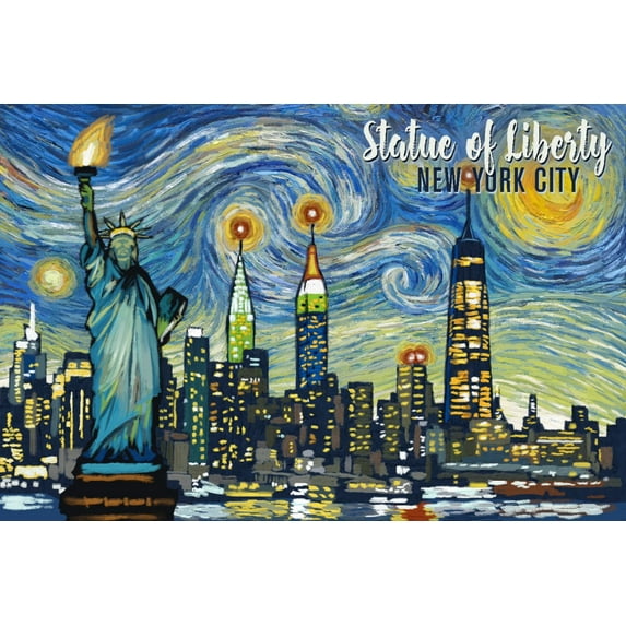 New York City, New York, Statue of Liberty, Starry Night City Series (12x18 Wall Art Poster, Room Decor)