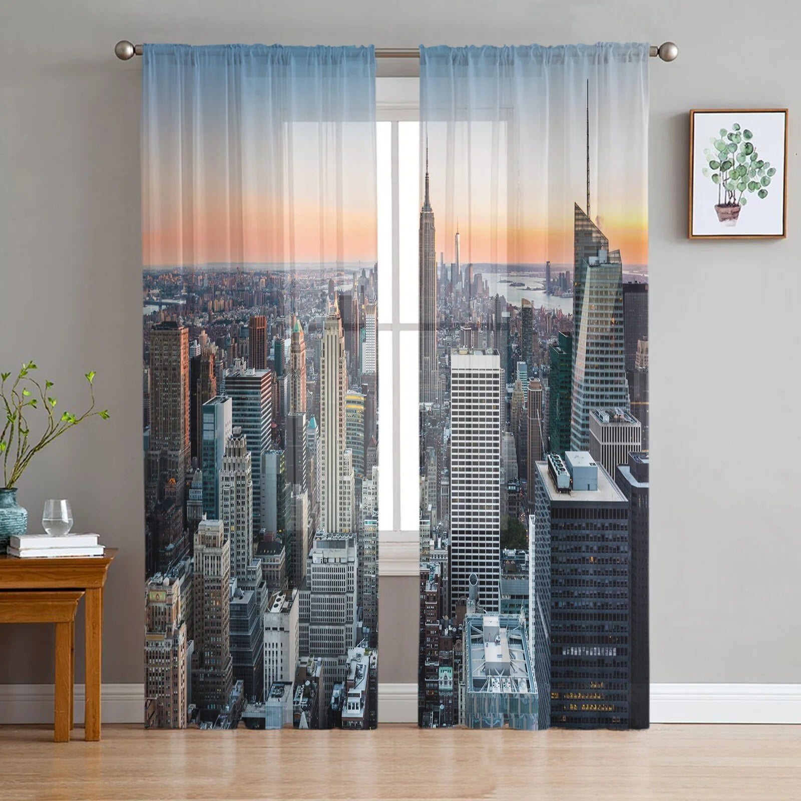 New York City Night Scenery Grey Sheer Window Curtain Living Room Tulle Drapes Home Decor
