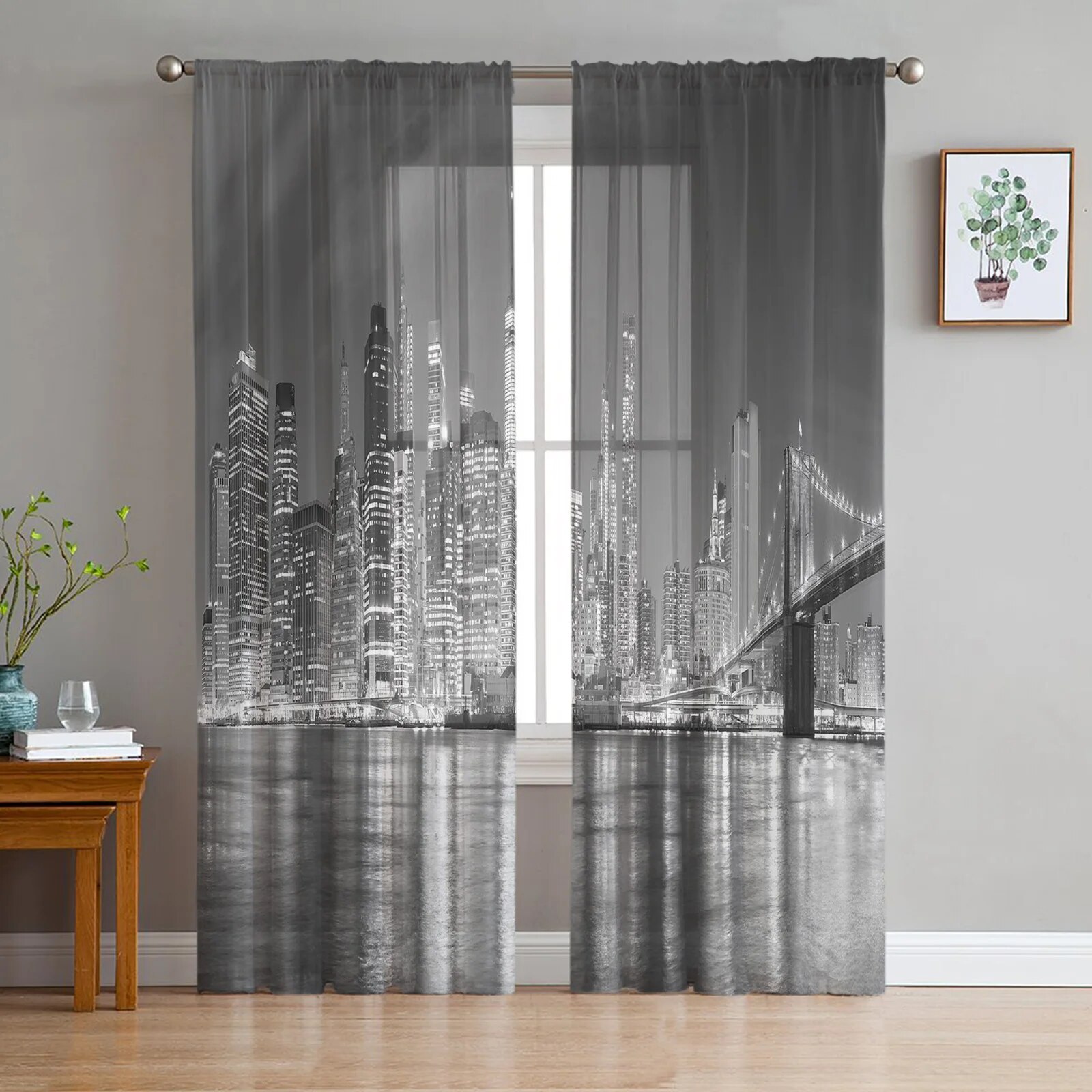 New York City Night Scenery Grey Sheer Window Curtain Living Room Tulle Drapes Home Decor