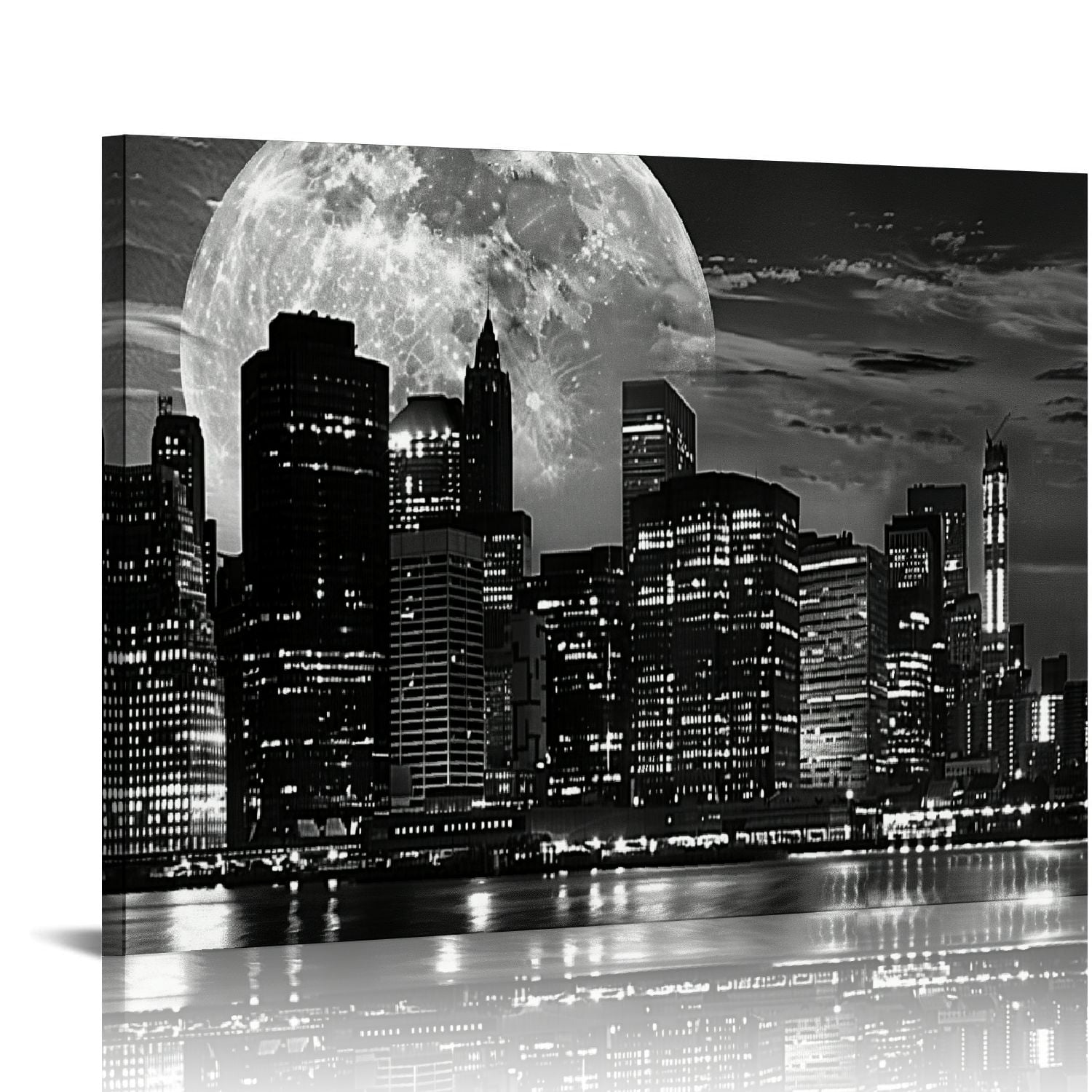 New York City Night Skyline Wall Art Full Moon Landscape Black and ...