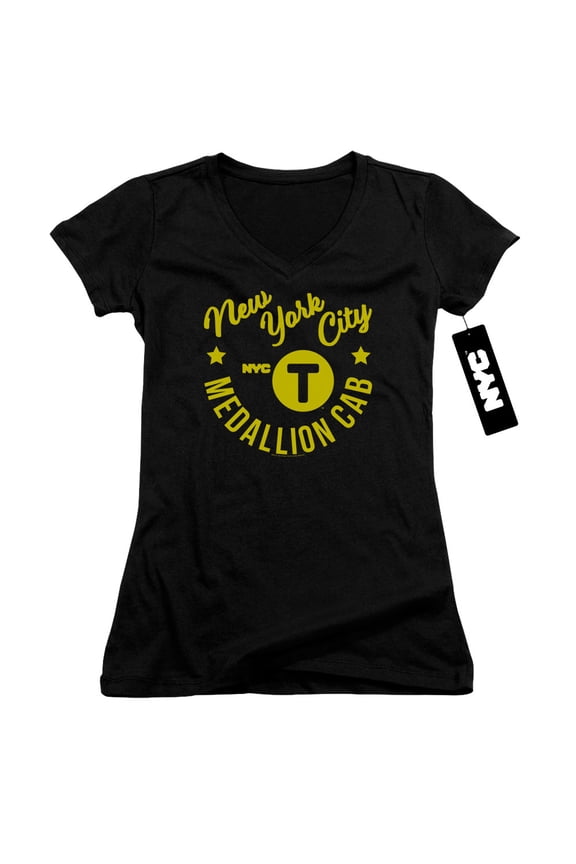 New York City Nyc Hipster Taxi Tee Junior Women's V-Neck T-Shirt Black
