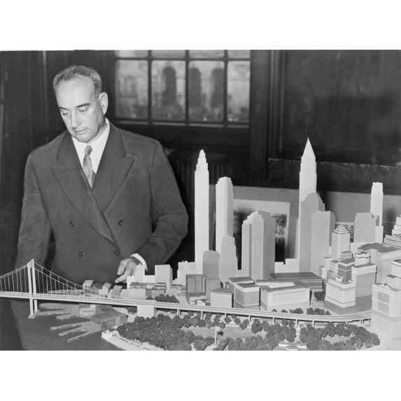 New York City Park Commissioner Robert Moses With Model Of Proposed Battery Bridge In 1939. While This Moses