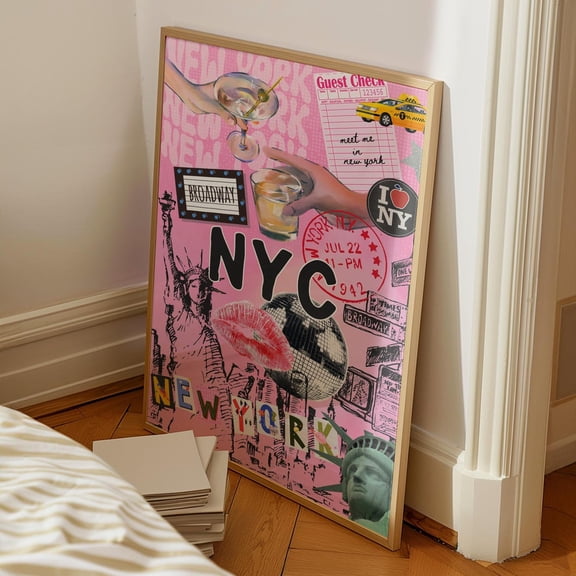 New York City Pink Dopamine Collage Wall Art, Unframed Paper Print Size 8x12