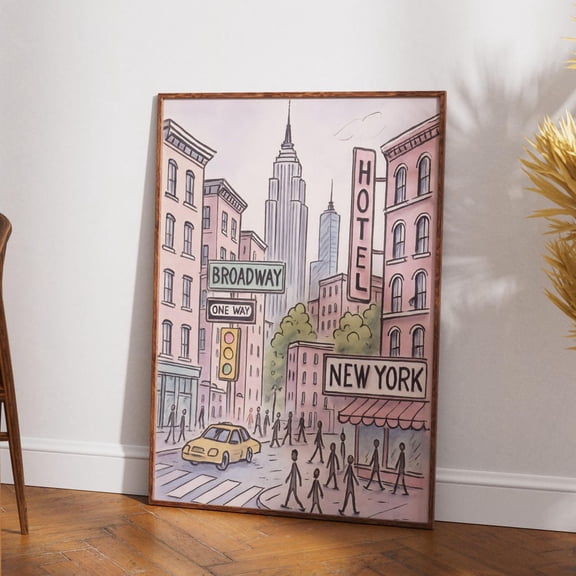 New York City Poster Broadway Wall Art Print Pastel Pink NYC Illustration Empire State Building Decor